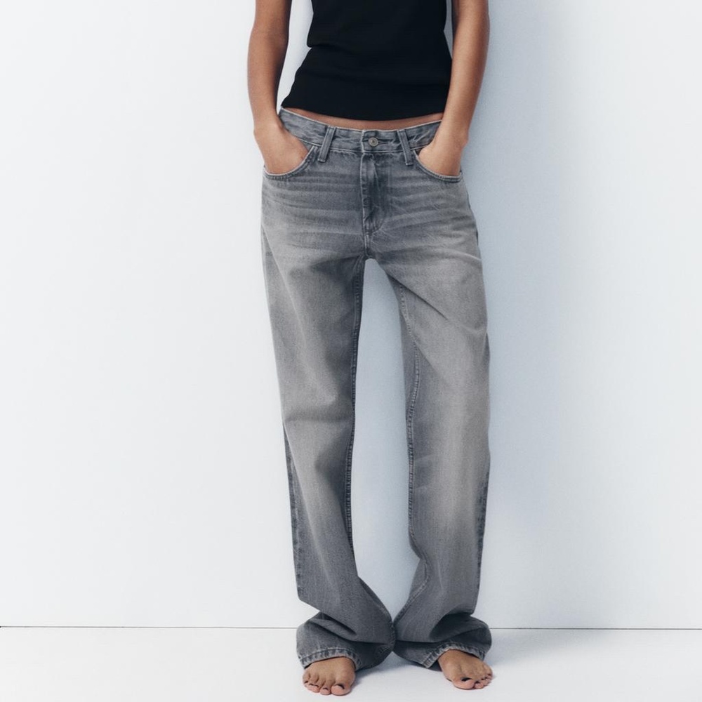 Zara Gray Full Length TRF Mid-Rise Wide Leg Jeans